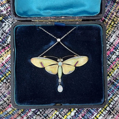 Antique Art Nouveau Enamel Butterfly Brooch Pendant Necklace