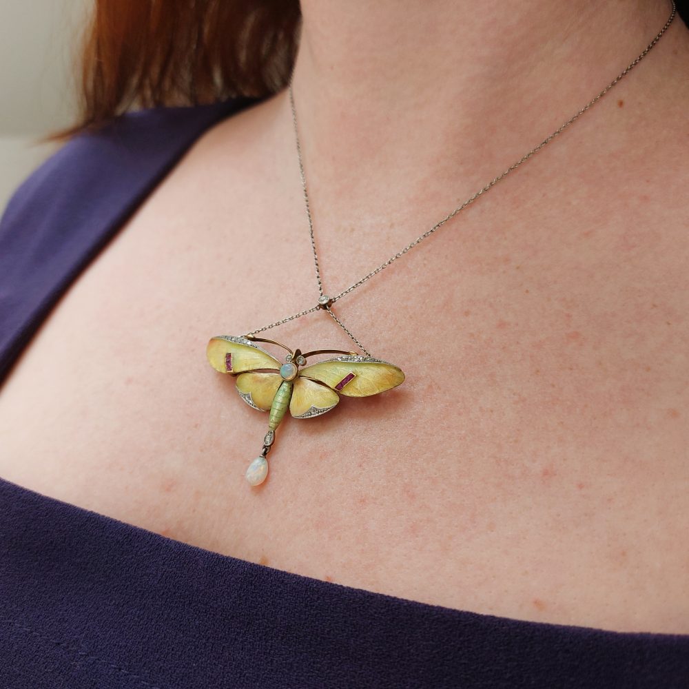 Antique Art Nouveau Enamel Butterfly Brooch Pendant Necklace