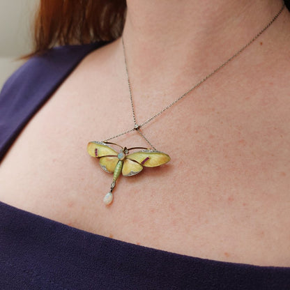 Antique Art Nouveau Enamel Butterfly Brooch Pendant Necklace