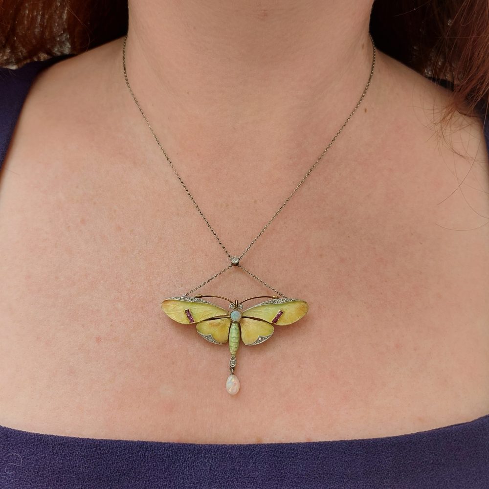 Antique Art Nouveau Enamel Butterfly Brooch Pendant Necklace