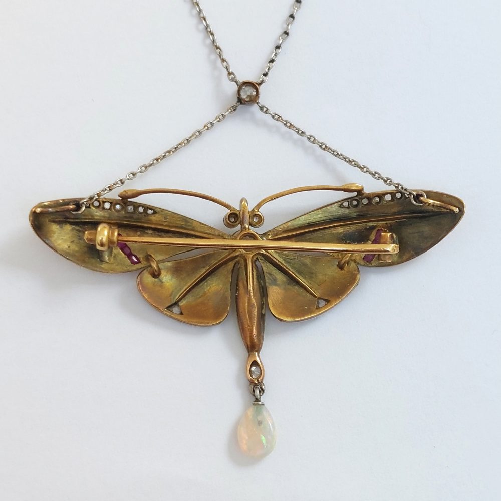 Antique Art Nouveau Enamel Butterfly Brooch Pendant Necklace