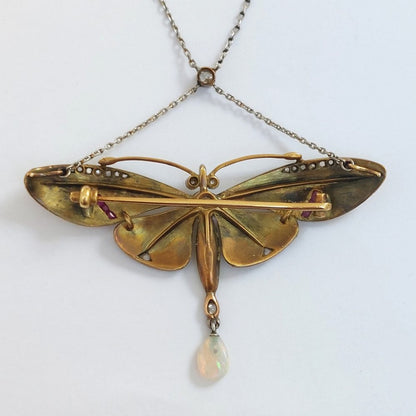 Antique Art Nouveau Enamel Butterfly Brooch Pendant Necklace