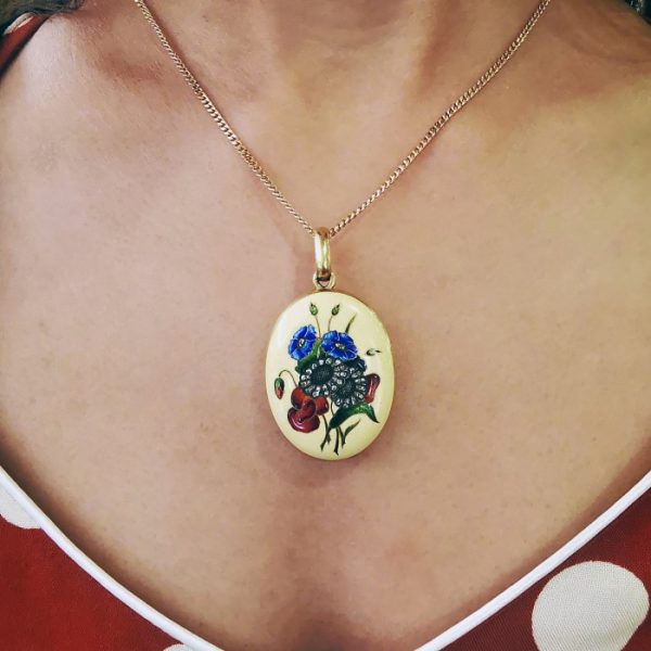 Antique Art Nouveau Enamel Flower Gold Locket
