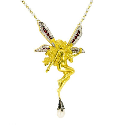 Antique Art Nouveau Fairy Diamond, Pearl and Plique-à-jour Necklace
