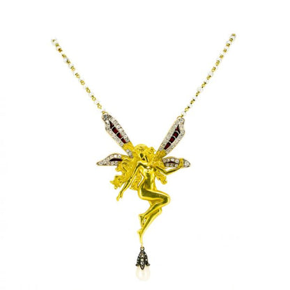 Antique Art Nouveau Fairy Diamond, Pearl and Plique-à-jour Necklace