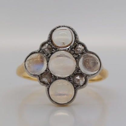 Antique Art Nouveau Moonstone and Rose Cut Diamond Cluster Ring