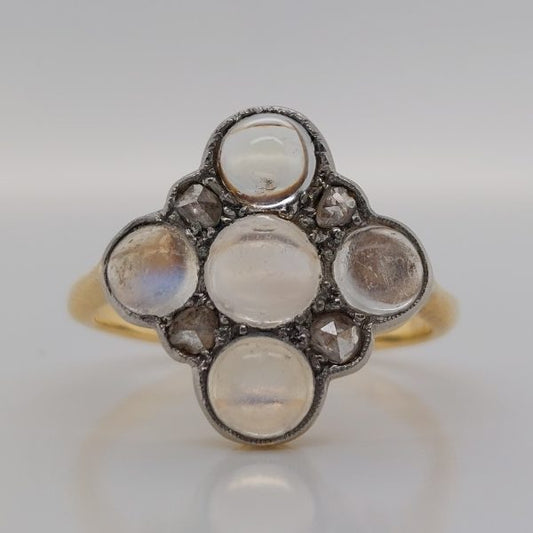 Antique Art Nouveau Moonstone and Rose Cut Diamond Cluster Ring