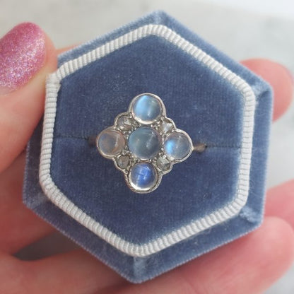 Antique Art Nouveau Moonstone and Rose Cut Diamond Cluster Ring