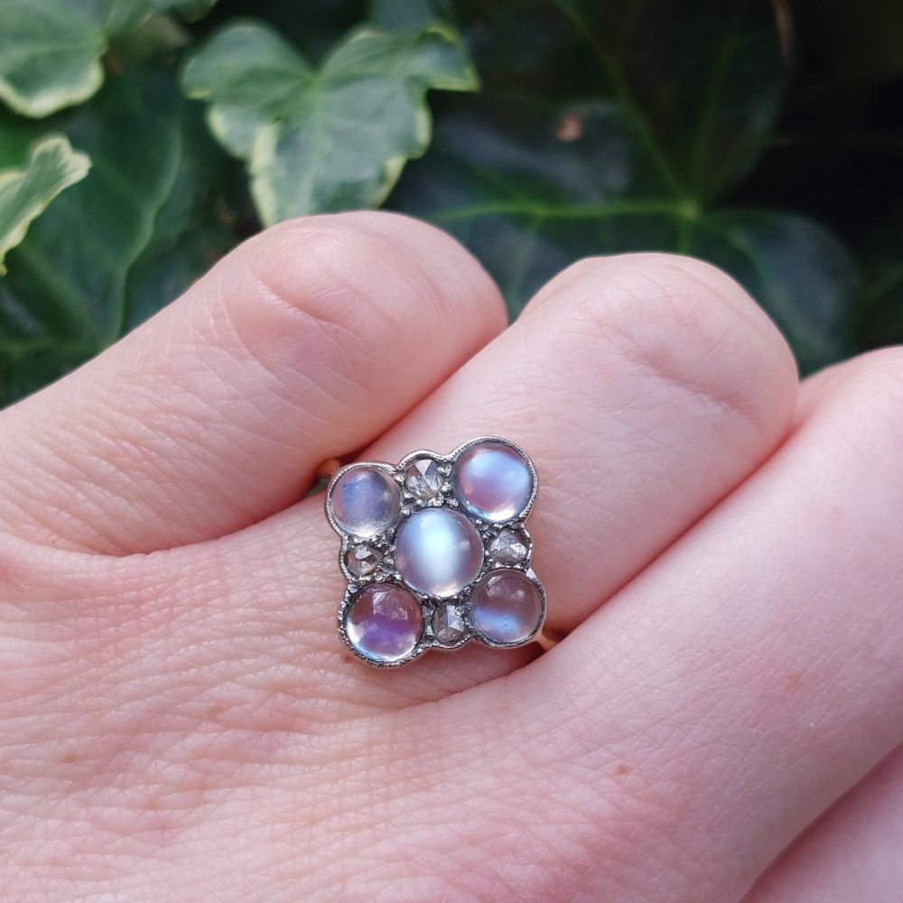 Antique Art Nouveau Moonstone and Rose Cut Diamond Cluster Ring
