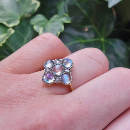 Antique Art Nouveau Moonstone and Rose Cut Diamond Cluster Ring