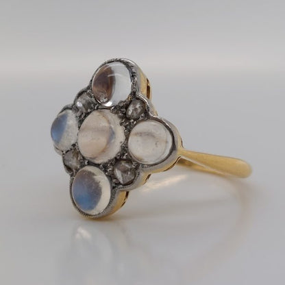 Antique Art Nouveau Moonstone and Rose Cut Diamond Cluster Ring