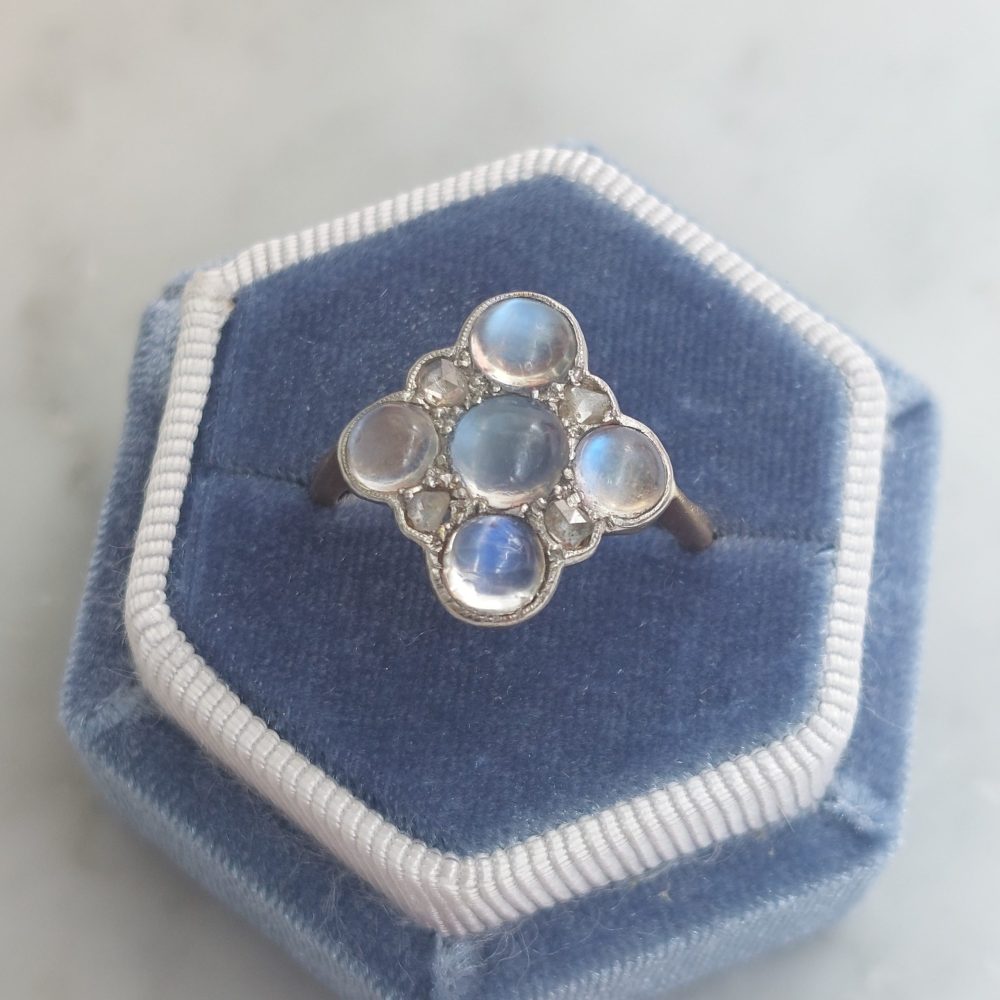 Antique Art Nouveau Moonstone and Rose Cut Diamond Cluster Ring