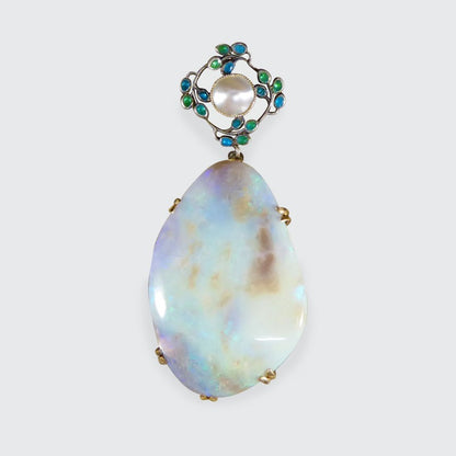 Antique Arts and Crafts Opal Pearl and Enamel Pendant