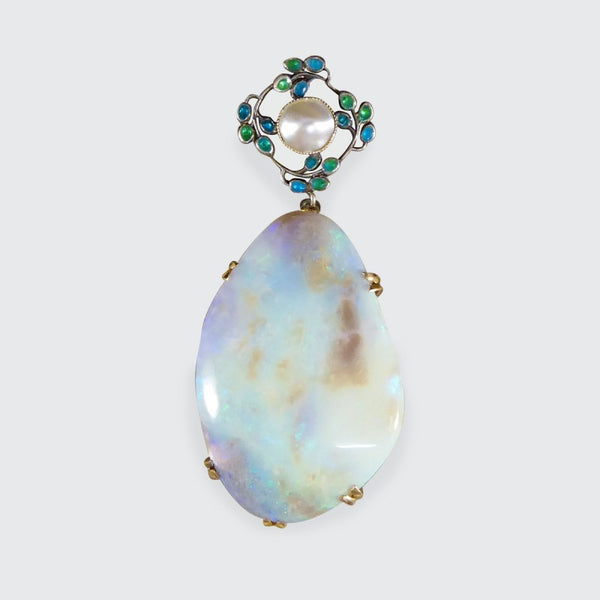 Antique Arts and Crafts Opal Pearl and Enamel Pendant