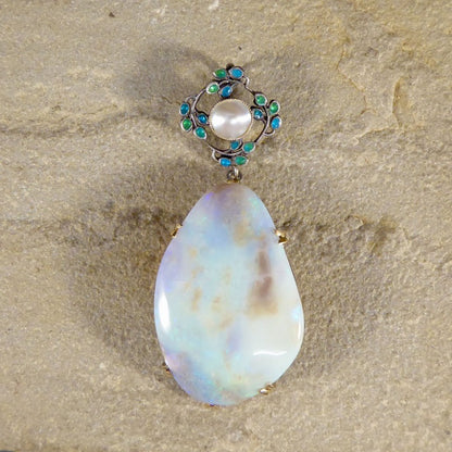 Antique Arts and Crafts Opal Pearl and Enamel Pendant