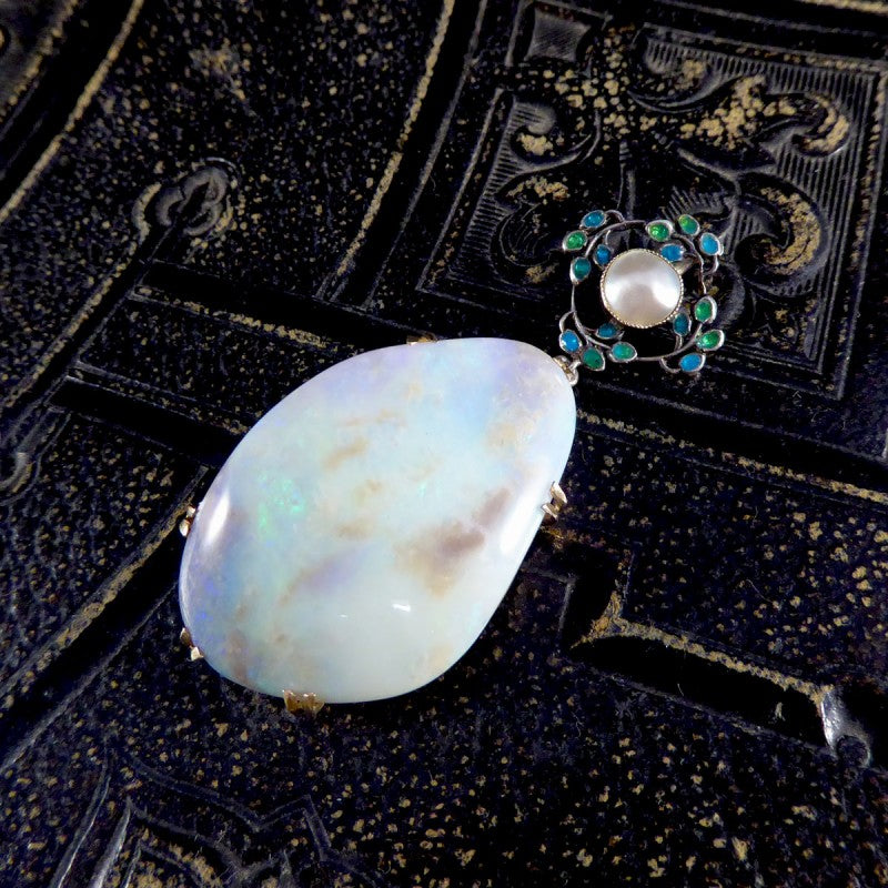 Antique Arts and Crafts Opal Pearl and Enamel Pendant