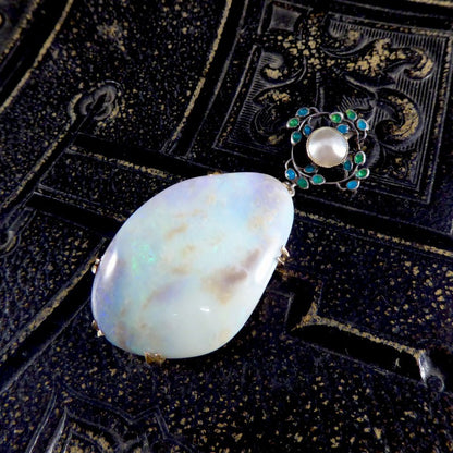 Antique Arts and Crafts Opal Pearl and Enamel Pendant