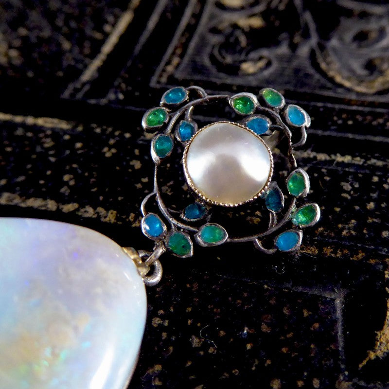 Antique Arts and Crafts Opal Pearl and Enamel Pendant