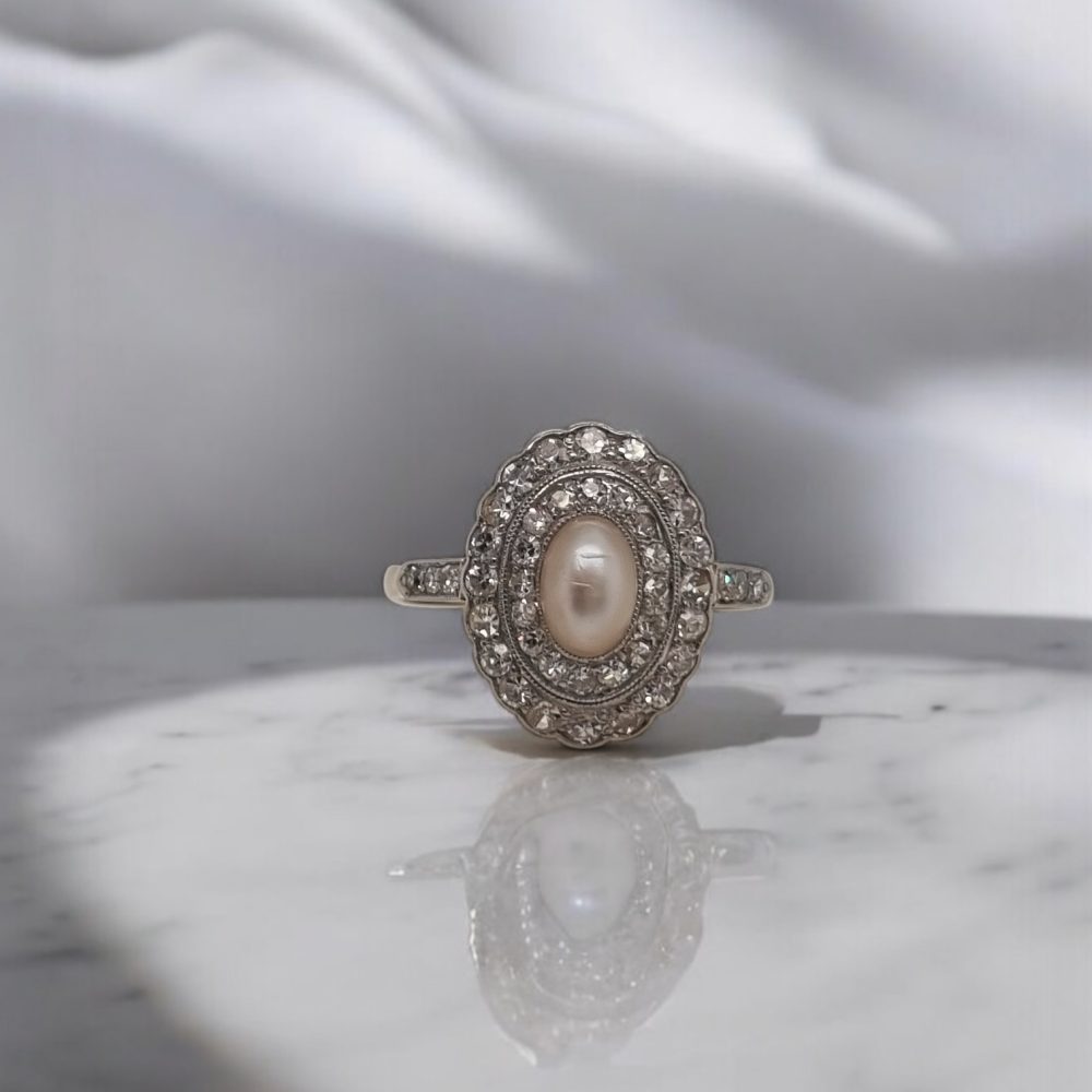 Antique Belle Epoque Natural Pearl and Diamond Cluster Ring