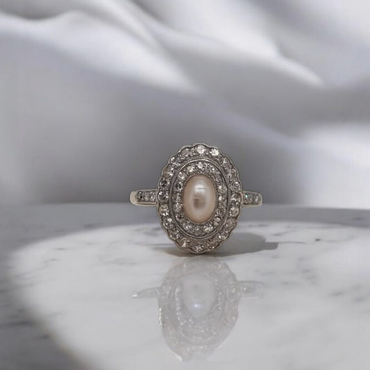 Antique Belle Epoque Natural Pearl and Diamond Cluster Ring