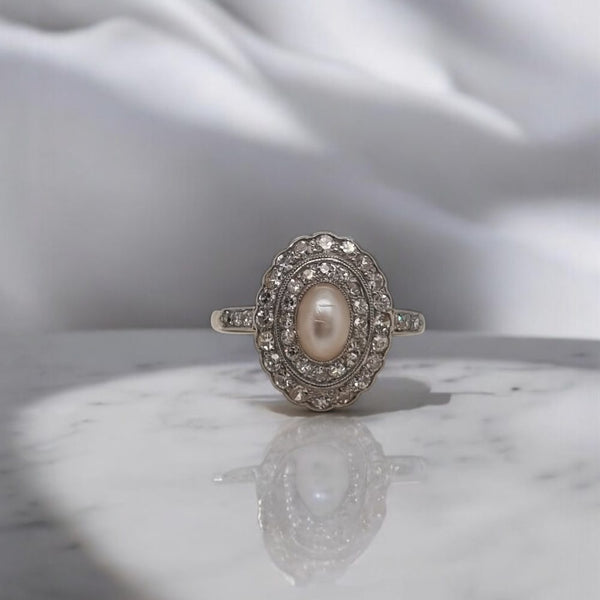 Antique Belle Epoque Natural Pearl and Diamond Cluster Ring