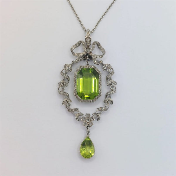 Antique Belle Epoque Peridot and Diamond Pendant Necklace