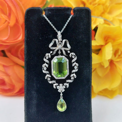 Antique Belle Epoque Peridot and Diamond Pendant Necklace