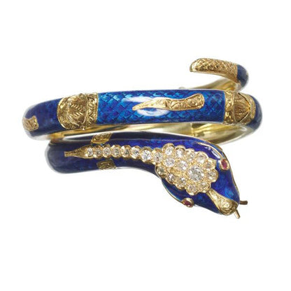 Victorian Antique Blue Enamel Diamond Gold Snake Bangle Bracelet