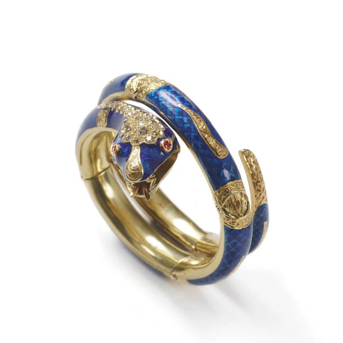 Victorian Antique Blue Enamel Diamond Gold Snake Bangle Bracelet