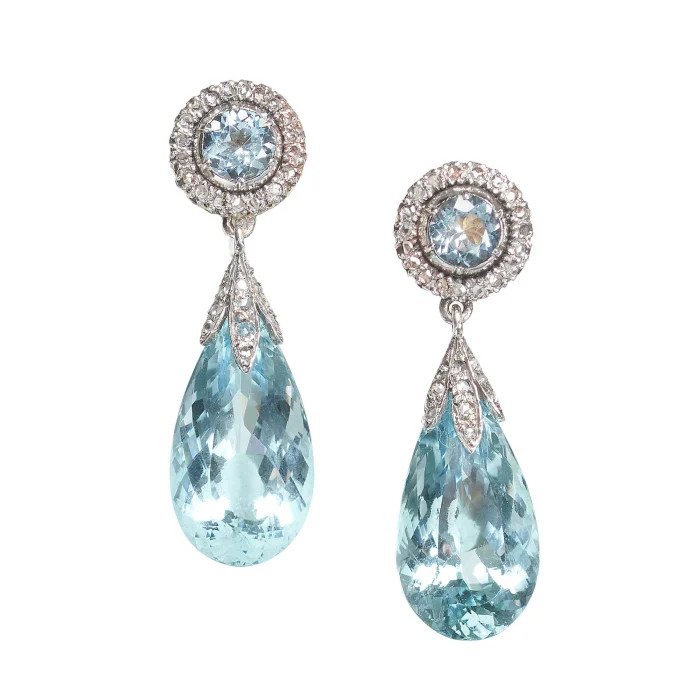 Antique Briolette Aquamarine and Diamond Drop Earrings, Circa 1890