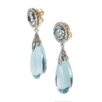 Antique Briolette Aquamarine and Diamond Drop Earrings