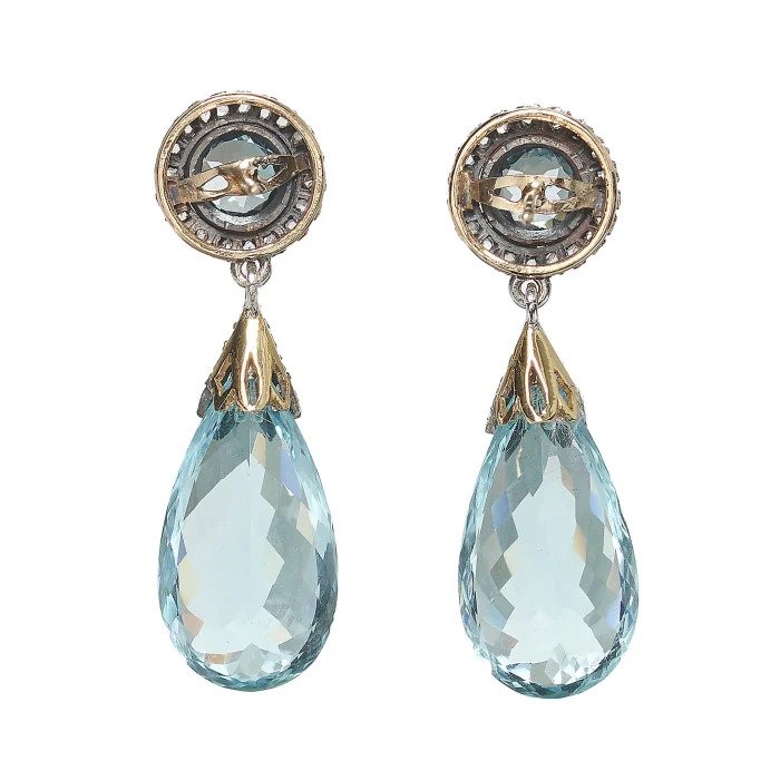 Antique Briolette Aquamarine and Diamond Drop Earrings, Circa 1890