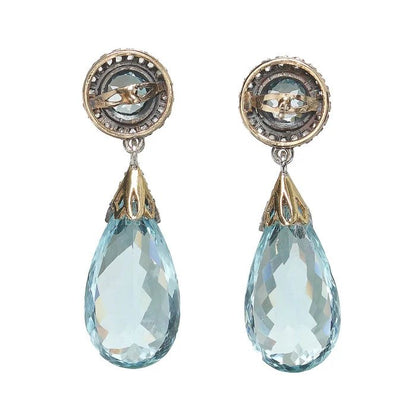 Antique Briolette Aquamarine and Diamond Drop Earrings, Circa 1890