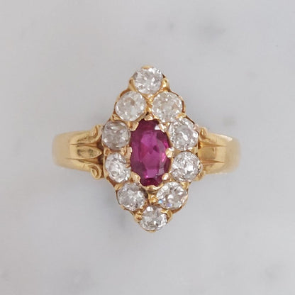 Antique Burmese Ruby and Old Cut Diamond Navette Ring