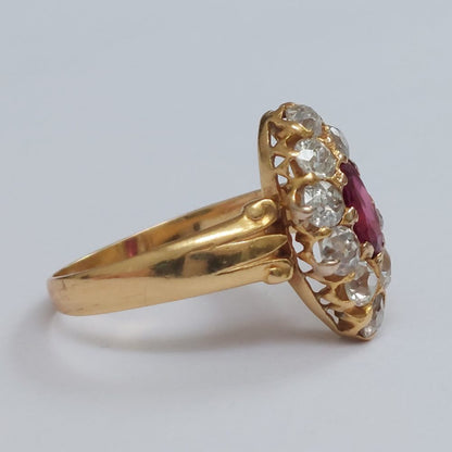 Antique Burmese Ruby and Old Cut Diamond Navette Ring