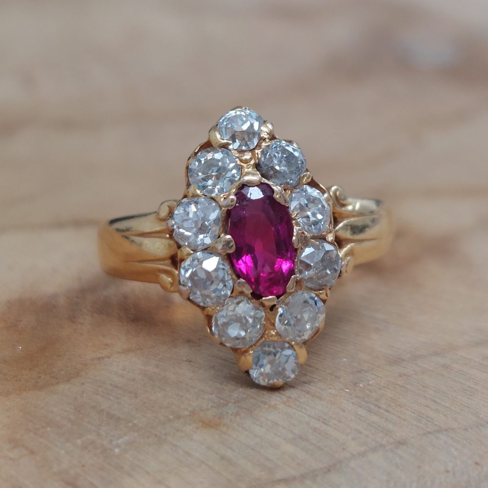 Antique Burmese Ruby and Old Cut Diamond Navette Ring