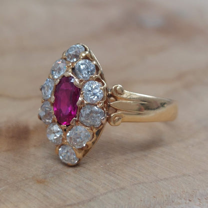 Antique Burmese Ruby and Old Cut Diamond Navette Ring