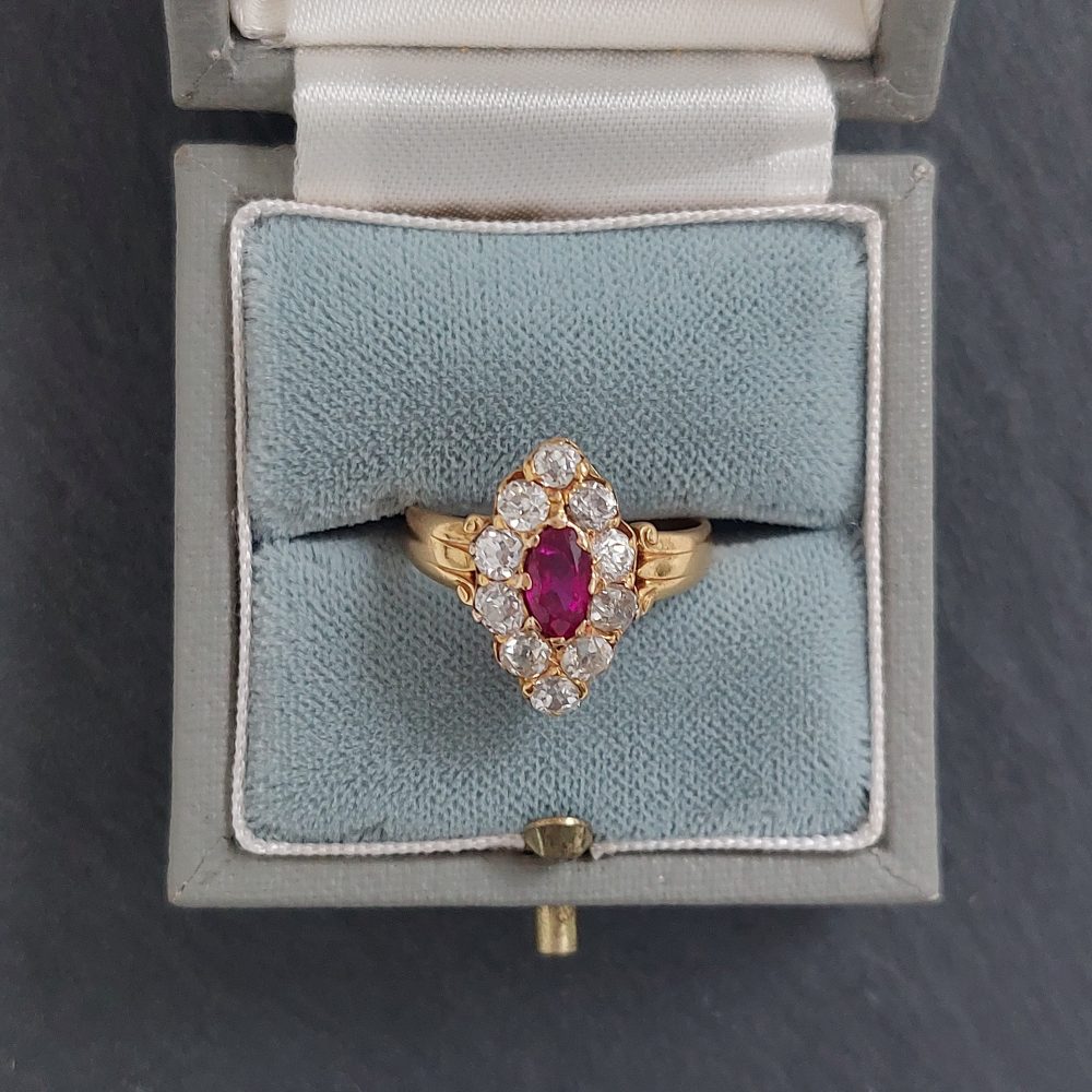 Antique Burmese Ruby and Old Cut Diamond Navette Ring