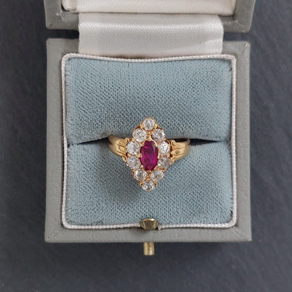 Antique Burmese Ruby and Old Cut Diamond Navette Ring