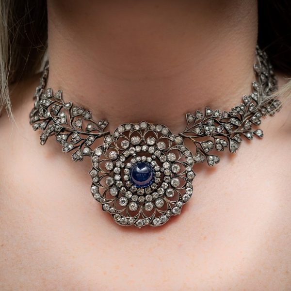 Antique Cabochon Sapphire Diamond Necklace