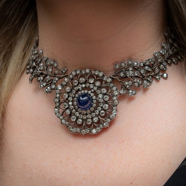 Antique Cabochon Sapphire Diamond Necklace