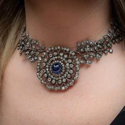 Antique Cabochon Sapphire Diamond Necklace