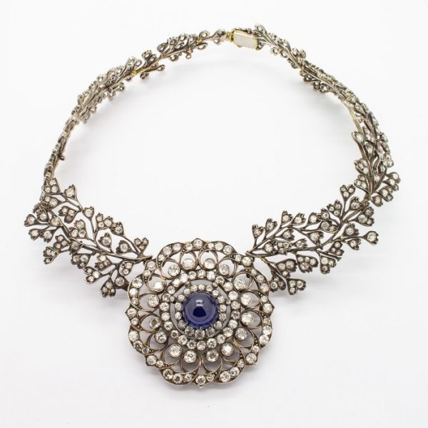 Antique Cabochon Sapphire Diamond Necklace