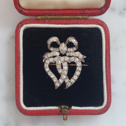 Antique Diamond Double Heart Brooch