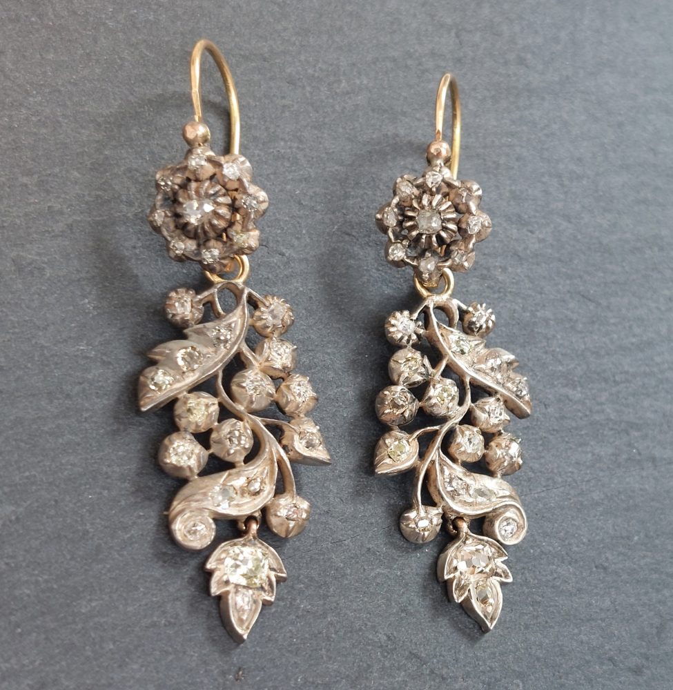 Antique Diamond and Silver Upon Gold Drop Earrings, 3.00ct