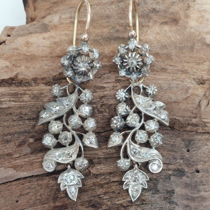 Antique Diamond and Silver Upon Gold Drop Earrings, 3.00ct