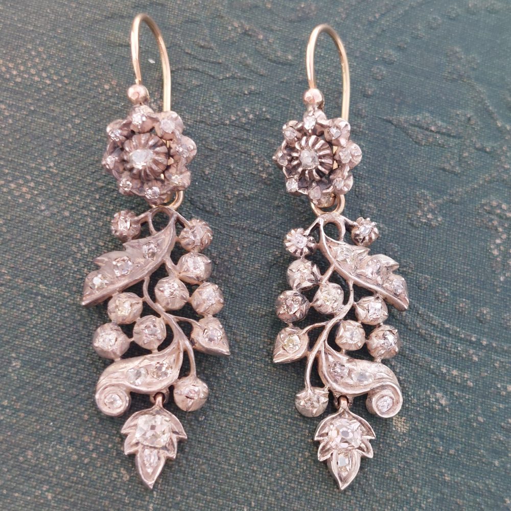 Antique Diamond and Silver Upon Gold Drop Earrings, 3.00ct