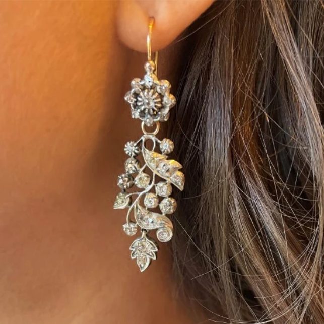 Antique Diamond and Silver Upon Gold Drop Earrings, 3.00ct