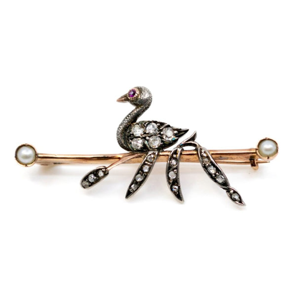 Antique Duckling Diamond and Pearl Brooch