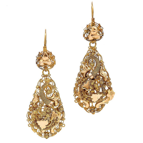 Antique Dutch Etruscan 18ct Yellow Gold Floral Drop Earrings, highly ornate cannetille, filigree and beaded drop earrings layered with beautiful foliate, beadwork, fine cannetille and gold work inspired by woodland creatures and flora. Circa 1870
